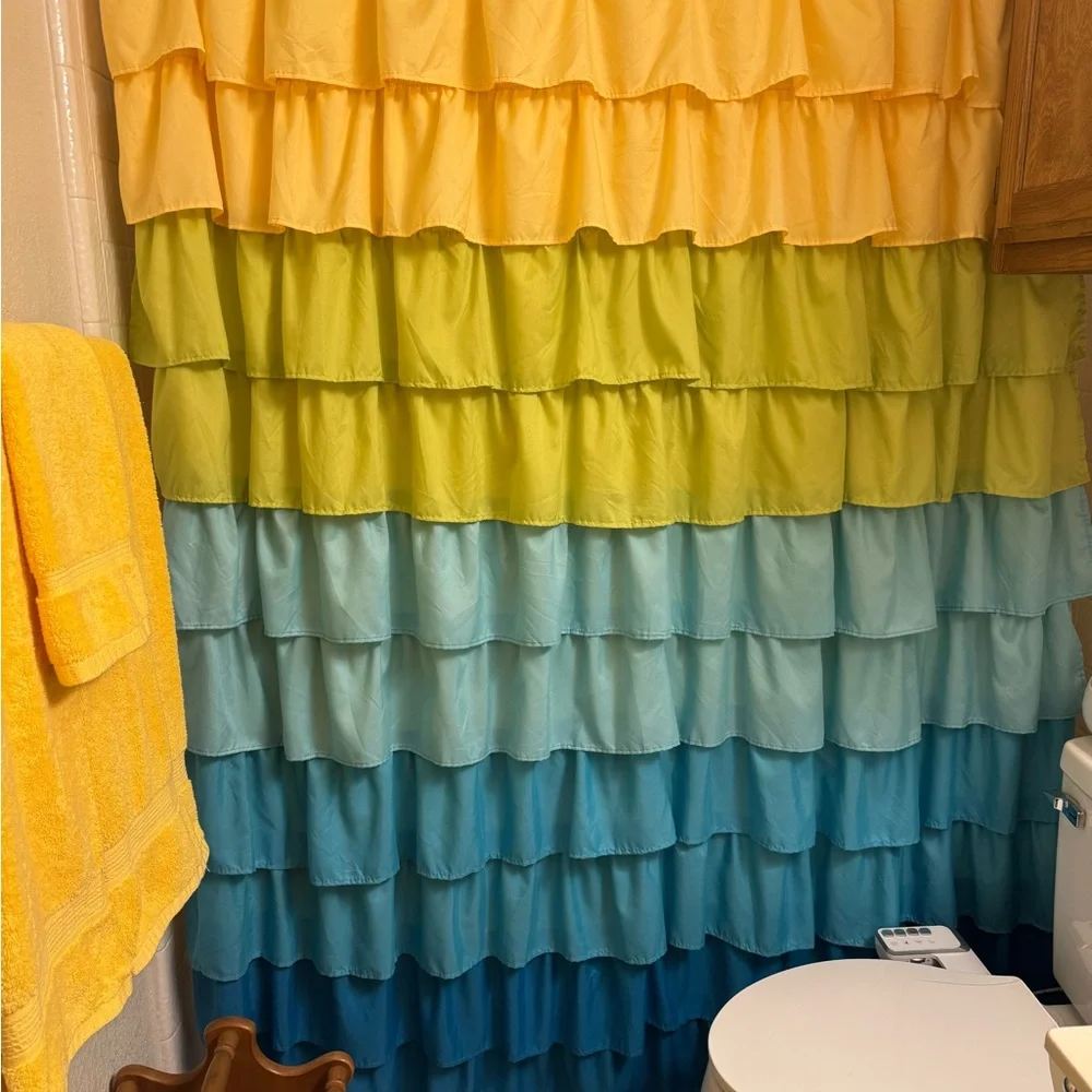 Vibrant Ruffled Shower Curtain in Yellow, Green, and Blue
